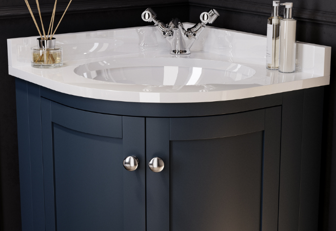 Corner Basin Vanity Unit with Chrome Handles